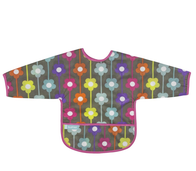 KUSHIES Cleanbib With Sleeves (6-12M)  Charcoal Daisies