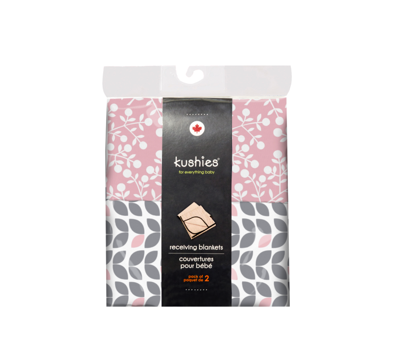 KUSHIES Receiving Blanket 2 Pack Grey Petal / Pink Berries KUSHIES Receiving Blanket 2 Pack Grey Petal / Pink Berries